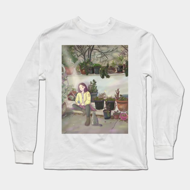 Cute charater sitting in garden art Long Sleeve T-Shirt by Mayarart